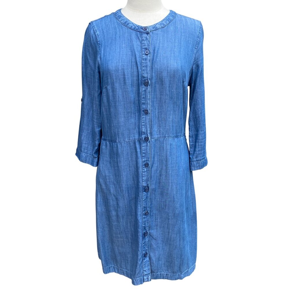 Banana Republic Factory Chambray Denim Button Front Dress Roll Tab Sleeves-10